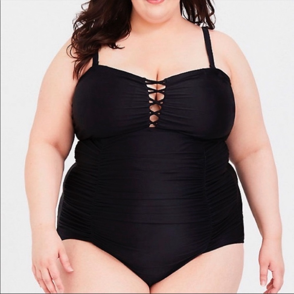 NWT! TORRID black lattice ruched one piece bathing suit, 5X. - Picture 1 of 9